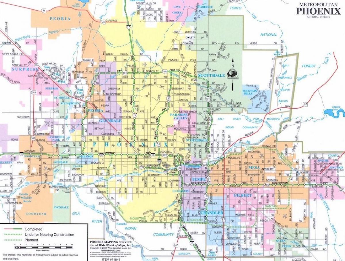 地图的亚利桑那州凤凰城和周围地区